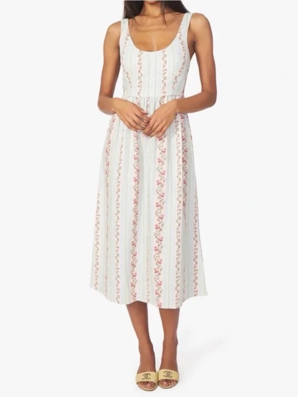 WeWoreWhat Sleeveless White Midi Dress with Pink Floral Stripes Size M